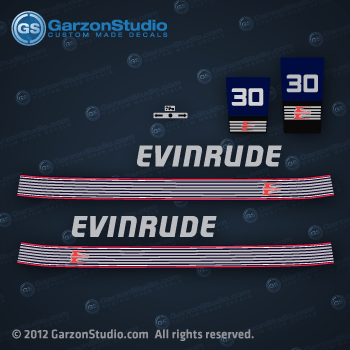 1989 1991 Evinrude 30 hp decal set Decal set replica for evinrude 30 hp from 1988, 1994. this set may replace or can be used instead of part number: 0283815 DECAL SET 0283750 DECAL SET 0211429, 0211231 PLATE decal 0335065, 0211232 PLATE decal
