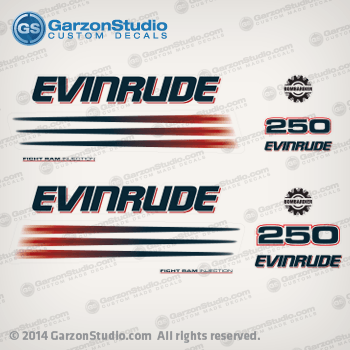 2003 2004 2005 Evinrude 250 hp decal set Ficht Ram Injection 250hp 250 h.p.
0215275 EVINRUDE DECAL- Stbd
0215277 STRIPE - Port DECAL
0215278 STRIPE - Stbd DECAL
0215587 BOMBARDIER Front
0215587 BOMBARDIER Rear 
0215276 FICHT RAM INJECTION Port
0215276 FICHT RAM INJECTION Stbd 
0215280 EVINRUDE DECAL- Rear
0215279 EVINRUDE DECAL- Front

0215285 250 - Front
0215286 250 - Rear

EVINRUDE 2002 E225FCXSNF, E225FCXSNF, E225FCZSNF, E225FCZSNF, E225FHLSNF, E225FHLSNF, E225FPLSNF, E225FPLSNF, E225FPXSNF, E225FPXSNF, E225FPZSNF, E225FPZSNF,  ENGINE COVER
EVINRUDE 2003 E225FCXSTM, E225FCZSTM, E225FHLSTA, E225FPLSTM, E225FPXSTM, E225FPZSTM DECALS - WHITE MODELS
EVINRUDE 2004 E225FCXSRB, E225FCZSRB, E225FPLSRB, E225FPXSRB, E225FPZSRB DECALS - WHITE MODELS
EVINRUDE 2005 E225FCXSOE, E225FCZSOE, E225FHLSOB, E225FHXSOC, E225FPLSOE, E225FPXSOE, E225FPZSOE DECALS - WHITE MODELS

EVINRUDE 2002 E250FCXSNF, E250FCXSNF, E250FCZSNF, E250FCZSNF, E250FPXSNF, E250FPXSNF, E250FPZSNF, E250FPZSNF ENGINE COVER
EVINRUDE 2003 E250FCXSTA, E250FCZSTA, E250FPLSTR, E250FPXSTA, E250FPZSTA DECALS - WHITE MODELS
EVINRUDE 2004 E250FCXSRM, E250FCZSRM, E250FPLSRA, E250FPXSRM, E250FPZSRM DECALS - WHITE MODELS
EVINRUDE 2005 E250FCXSOB, E250FCZSOB, E250FPLSOM, E250FPXSOB, E250FPZSOB DECALS - WHITE MODELS

0285595 ENGINE COVER Assy WHITE
5004956 ENGINE COVER Assy BLUE
