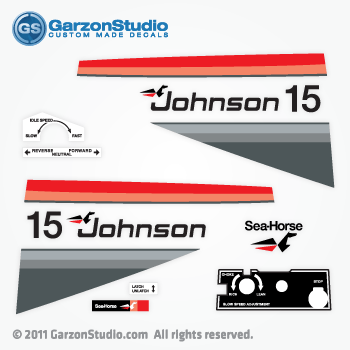 Decal set for a Johnson 15 hp decal set for late 70's motors made for a Johnson Outboard cowling 1977 custom made, Part Number 388400, 388269, Made for a Johnson Outboard cowling 1977 Manual or Electric engines, Part Number 0388269, 0388400, JOHNSON 1977 15E77M, 15EL77M, 15R77M, 15RL77M. MOTOR COVER:10E77A, 10EL77A, 10R77A, 10RL77A, 15E77M, 15EL77M, 15R77M, 15RL77M.