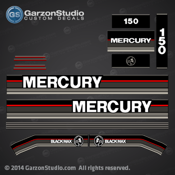 MERCURY 150 hp 1989 1990 1991 1992 1993 decal set 813220A89 (BLACK 150) DESIGN I 

1989-1990 Mercury 150 hp: 71504
1989-1990 Mercury 150 hp L: 1150412MD, 1150412ND, 1150412PD, 1150412RD, 7150412AD, 7150412BD, 7150412CD, 7150412DD. 
1989-1990 Mercury 150 hp XL: 1150422MD, 1150422ND, 1150422PD, 1150422RD,
1989-1990 Mercury 150 hp CXL:1150425MD, 1150425ND, 1150425PD, 1150425RD. 
1989-1990 Mercury 150 hp ELPTO:1150453MD, 1150453ND, 1150453PD, 1150454ND, 1150454PD, 1150454PT.
1989-1990 Mercury 150 hp JET 105: 1150472PD, 1150472RD,

1	9742A88 TOP COWL ASSEMBLY (BLACK) 150
23	18755A FRONT SHIELD ASSEMBLY (BLACK) 