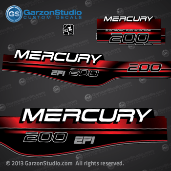 1994 1995 1996 1996 1997 1998 MERCURY 200 hp EFI decal set design III Red 200hp ELECTRONIC FUEL INJECTION 37-808554A96 DECAL SET BLACK 200 LONG