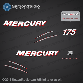 2006 MERCURY VERADO 175 HP FOUR STROKE DECAL SET 892565A06 SUPERCHARGED  150hp M logo sticker set kit replica
FOURSTROKE 4-STROKE 4S SUPER CHARGED

Mercury 892565A06 DECAL SET, (Generic)
892565A02 DECAL SET, Port And Starboard (Mercury)
892565004 DECAL, Horsepower (175), Rear (Mercury 175)

175 VERADO (4-STROKE)(4 CYL.) Mercury Outboard
175HP Mercury Serial Numbers: 0P419487 THRU 0P464487
175HP Mercury Serial Numbers: 0P464488 THRU 0P514868
175HP Mercury Serial Numbers: 1B227000 THRU 1B381711
175HP Mercury Serial Numbers: 1B381712 THRU 1B517158

L 4: 1175V13FD, 1175V13HD, 7175V13UD, 7175V13ZD, 7175V13ZR, 1175V13HR 
XL 4: 1175V23FD, 1175V23HD, 7175V23UD, 7175V23ZD, 7175V23ZR
CXL 4: 1175V23HR 
1175V24FD, 1175V24HD, 1175V24HR 

