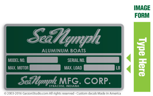 Vintage Old Sea Nymph Aluminum Boats capacity plate decal 4.5X2.5 Green Silver