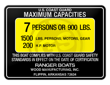 U.S. Coast Guard maximum capacities Boat capacity plate decal for Boat 5.5X4 Type A ranger boats wood manufacturing inc flippin arkansas 72634