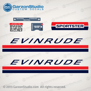 69 Evinrude Outboard 25 hp sportster decal set Evinrude Outboard Decal set for 2 stoke evinrude 1969 motors 0279106 DECAL SET 25902B 25902D 25903B 25903D CHOKE LOW SPEED MIXTURE STARTING INSTRUCTION: CONNECT FUEL LINE TO MOTOR (BULB END AT TANK), SQUEEZE BULB UNTIL PRESSURE IS FELT, SHIFT TO NEUTRAL, SET SPEED CONTROL AT START, PULL CHOKE AND START - CHOKE AS REQUIRED. TO STOP, PUSH BUTTON ON CONTROL PANEL. SPARK PLUGS - CHAMPION J4J AC M42K OR AUTO-LITE A21X, GEARCASE USES OMC TYPE C LUBRICANT, OBC CERTIFIED 25 H.P. AT 4500 R.P.M. OPERATING RANGE 4000 TO 5000 R.P.M. 