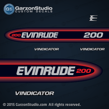 1998 1999 Evinrude Outboard 200hp 200 hp horsepower decal set Evinrude Outboard Decal set for vindicator evinrude 98/99 motors.
200 Evinrude decal - Wrap Around
Evinrude E logo - Front decal
Vindicator decal - Port Side
Vindicator decal - Starboard Side

0285068 DECAL SET 200

BE200CXECS
BE200SLECS
BE200TXECS

E200CXECS
E200CZECS
E200STLECS
E200TXECS
E200TZECS

SE200GLECC
SE200NXECC
SE200NZECC
SE200QXECC
SE200QZECC
