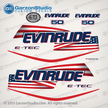 Stars and Stripes American U.S. USA U.S.A. 2004 2005 2006 2007 2008 2009 Evinrude outboard 50hp decal set kit DECAL SET, Flag white outboards cover engine motor models

0215536 EVINRUDE - white 
0352506 BRP Logo 
0215537 EVINRUDE E-TEC - Port -white 
0215538 EVINRUDE E-TEC - Starboard - white 
0215880 STRIPE - Port - white 
0215881 STRIPE - Starboard - white 
0215533 50 HP Front/Rear - white 
0334435 OWNER - Attention 
0215896 APPROVED FOR SALTWATER
0215558 EVINRUDE EU 2006,
0353680 COMMERCIAL,
0215870 EVINRUDE 100th ANNIVERSARY - white 

E50DPLSEE E50DSLSEC E50DTLSEC 
This custom made decals will fit on the following engine covers:

0285709 ENGINE COVER Assy, white
0285710 ENGINE COVER Assy, White
