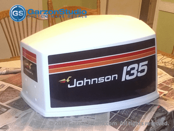  after 1975 Johnson 135 hp decal set Decal set for a Johnson 135 hp mid 70's model : JOHNSON 1975 135ESL75E, 135ETL75E MOTOR COVER, part number 0387055, 0387056 DECALS. intalled new decals