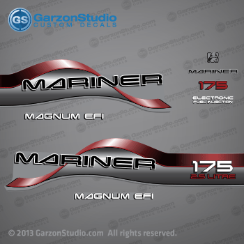  1996 1997 1998 Mariner 175 hp MAGNUM EFI 2.5 LITRE Decal set Red

1996 1997 1998 MARINER DECALS MAY WORK ON:
175 HP MODELS:
1175412SD L, 1175412ST L, 1175412TD L, 1175412UD L, 1175412UT L, 1175422SD XL, 1175422TD XL, 1175422UD XL, 1175425SD CXL, 1175425TD CXL, 1175425UD CXL.
MADE FROM MARINER - (175 H.P. (1997)) 
Model No: 7175422FD
37-813037A97 DECAL SET (Gray 175 Long) SN# 0G438000 & Up
37-809705A97 DECAL SET (Gray 175 XL/CXL) SN# 0G438000 & Up
37-813037A96 DECAL SET (Gray 175 Long) SN# 0G437999 & Below
37-809705A96 DECAL SET (Gray 175 XL/CXL) SN# 0G437999 & Below
813037A97,809705A97,813037A96,809705A96,

Mariner 175 hp 2.5 LITRE decal - Wrap Port, Rear, Stbd Side 
MAGNUM EFI decal - Stbd Side (37-830172-6)
Mariner logo decal - Front Side
Mariner decal - Front Side (37-830164-2) 
175 hp decal - Front Side
Electronic Fuel Injection decal - Front Side (83017221925690C)
MAGNUM EFI decal - Port Side (37-830172-6) 
