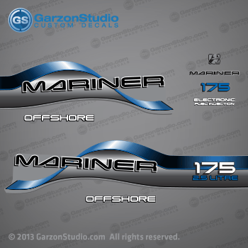  1996 1997 1998 Mariner 175 hp OFFSHORE 2.5 LITRE EFI Decal set Blue

1996 1997 1998 MARINER DECALS MAY WORK ON:
175 HP MODELS:
1175412SD L, 1175412ST L, 1175412TD L, 1175412UD L, 1175412UT L, 1175422SD XL, 1175422TD XL, 1175422UD XL, 1175425SD CXL, 1175425TD CXL, 1175425UD CXL.
MADE FROM MARINER - (175 H.P. (1997)) 
Model No: 7175422FD
37-813037A97 DECAL SET (Gray 175 Long) SN# 0G438000 & Up
37-809705A97 DECAL SET (Gray 175 XL/CXL) SN# 0G438000 & Up
37-813037A96 DECAL SET (Gray 175 Long) SN# 0G437999 & Below
37-809705A96 DECAL SET (Gray 175 XL/CXL) SN# 0G437999 & Below
813037A97,809705A97,813037A96,809705A96,

Mariner 175 hp 2.5 LITRE decal - Wrap Port, Rear, Stbd Side 
Offshore decal - Stbd Side (37-830172-37)
Mariner logo decal - Front Side
Mariner decal - Front Side (37-830164-2) 
175 hp decal - Front Side
Electronic Fuel Injection decal - Front Side (83017221925690C)
Offshore decal - Port Side (37-830172-37) 

