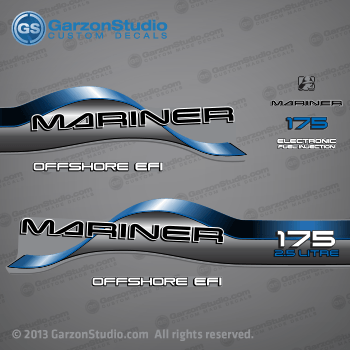  1996 1997 1998 Mariner 175 hp OFFSHORE EFI 2.5 LITRE Decal set Blue

1996 1997 1998 MARINER DECALS MAY WORK ON:
175 HP MODELS:
1175412SD L, 1175412ST L, 1175412TD L, 1175412UD L, 1175412UT L, 1175422SD XL, 1175422TD XL, 1175422UD XL, 1175425SD CXL, 1175425TD CXL, 1175425UD CXL.
MADE FROM MARINER - (175 H.P. (1997)) 
Model No: 7175422FD
37-813037A97 DECAL SET (Gray 175 Long) SN# 0G438000 & Up
37-809705A97 DECAL SET (Gray 175 XL/CXL) SN# 0G438000 & Up
37-813037A96 DECAL SET (Gray 175 Long) SN# 0G437999 & Below
37-809705A96 DECAL SET (Gray 175 XL/CXL) SN# 0G437999 & Below
813037A97,809705A97,813037A96,809705A96,

Mariner 175 hp 2.5 LITRE decal - Wrap Port, Rear, Stbd Side 
OFFSHORE EFI decal - Stbd Side 
Mariner logo decal - Front Side
Mariner decal - Front Side (37-830164-2) 
175 hp decal - Front Side
Electronic Fuel Injection decal - Front Side (83017221925690C)
OFFSHORE EFI decal - Port Side  
