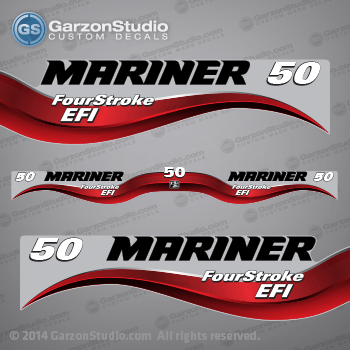 2003 - 2012 Mariner Outboard decal set - 50 hp Four Stroke EFI - Red decal kit set - 2004 2005 2006 2007 2008 2009 2010 2011 50hp decals fourstroke electronic fuel injection 50hpEfi 4 Stroke 50EFI 4S
883533A03 DECAL SET, (Gray 50) for FourStroke EFI outboards.
