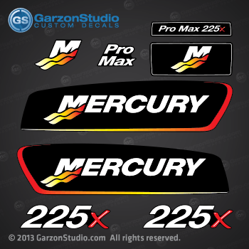 
2002-2004 Mercury Racing 225 hp Pro Max 225x decal set.
Mercury racing decals made for 2001, 2002, 2003, 2004, 2005 and 2006 engines 220XS 225XS EFI PROMAX decal set made from a 2004 Mercury Racing High performance 225x EFI PROMAX 

803934 02 - 225X EFI PROMAX, HIGH PERFORMANCE 20 MID, RH SPORTMASTER 225 X L SM

decals part number may match:
840323A 1 DECAL SET (Basic), 840323A21 DECAL SET (Patch),

MERCURY RACING 2002 -225 XHP
CS SM: 1922032ZH, 1922302ZH
S SM: 1922301ZH 
L SM: 1922311ZH
CL SM: 1922312ZH
L TM: 1922315ZH

MERCURY RACING 2003 - 225 XHP
PROMAX: 1922302AH, 1922800AH, 1922870AH, 1922872AH
S SM: 1922801AH 
CS SM: 1922802AH
L SM: 1922871AH
L TM: 1922875AH 

MERCURY RACING 2004 - 225 XHP
S NO G-C: 1922800CH, 1922800BH
S SM: 1922801CH, 1922801BH
CS SM: 1922802CH, 1922802BH
L NO G-C: 1922870CH, 1922870BH
L SM: 1922871CH, 1922871BH
CL SM: 1922872CH, 1922872BH 
L TM: 1922875CH, 1922875BH
