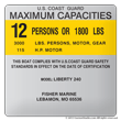 Boat capacity plate decal for Boat 4X4 layout F
U.S. Coast Guard
Maximum capacities
12 persons or 1800 lbs
3000 lbs. persons, motor, gear
115 h.p. motor
This boat complies with U.S. coast guard safety standards in effect on the date of certification
model:
larson boats 